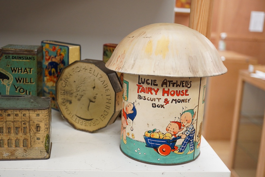 A quantity of various painted tin money boxes including Lucie Attwell Fairy House, The ‘Daily Mail’ copper bank, and four in the form of books, largest 20cm high. Condition - mostly fair